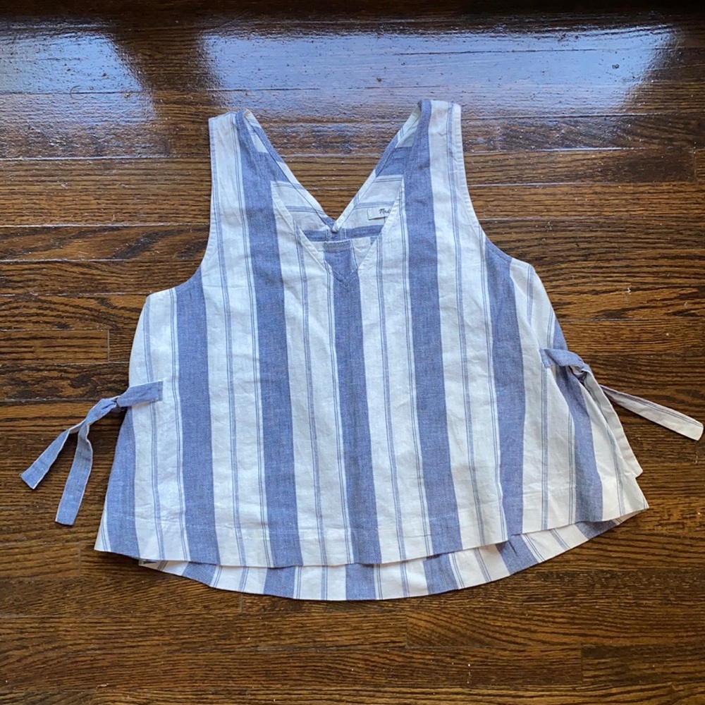 Madewell Blue + White Striped V-Neck Tie-Side Tank